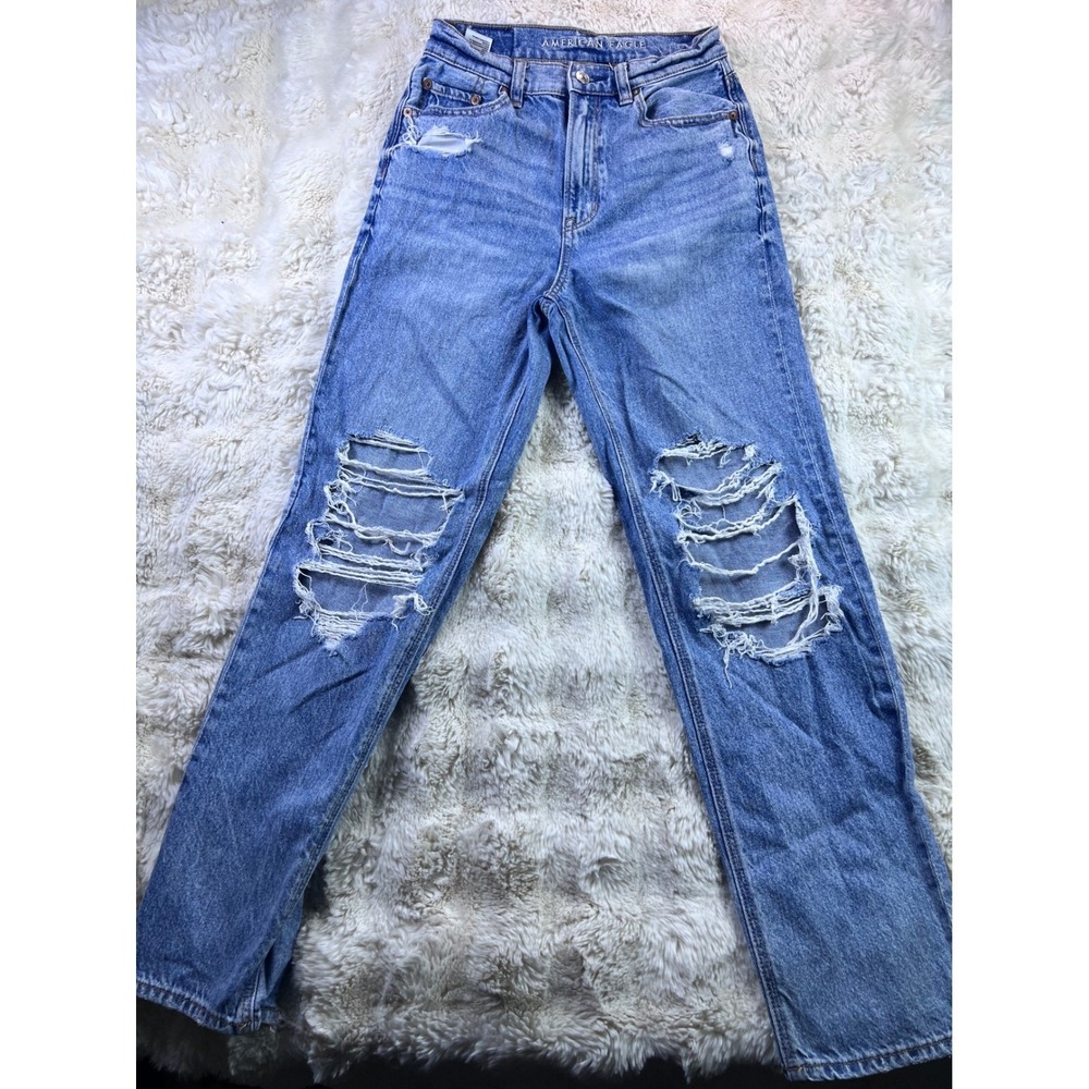 American Eagle Distressed Mom Jeans Womens 0 Short High Rise Ripped Blue  A31